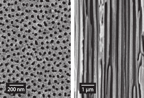 Fig. 1: AAO membranes: (A) Hexagonally ordered pores in top view, (B) Side view of vertical pore channels